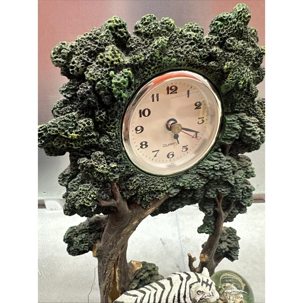 Vintage White Tiger Figurine Clock With Mini Snow globe Year 2000